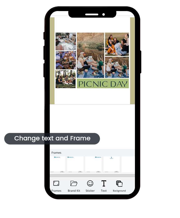 Step 5 & 6 : Change text as per your requirement & You can add frames by using frame options in bottom bar, You can add your business informations like Logo, Mobile number, address etc from Brand Kit option of bottom bar